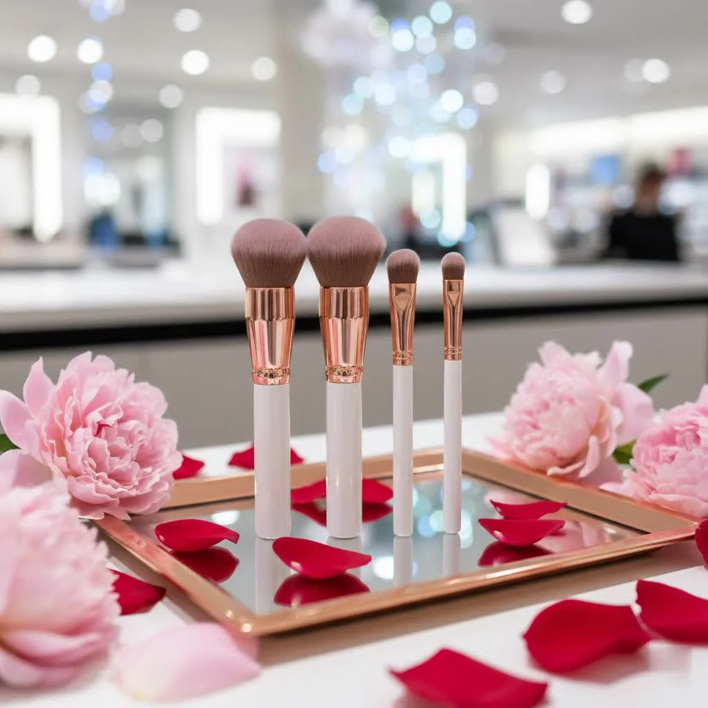 Collection of cute makeup brushes with colorful handles