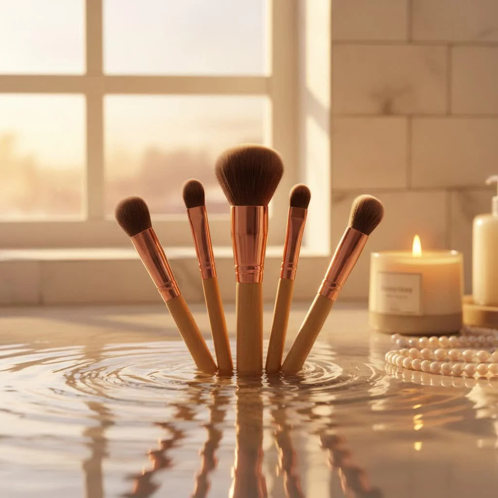 Close-up of a set of black makeup brushes with various sizes and shapes