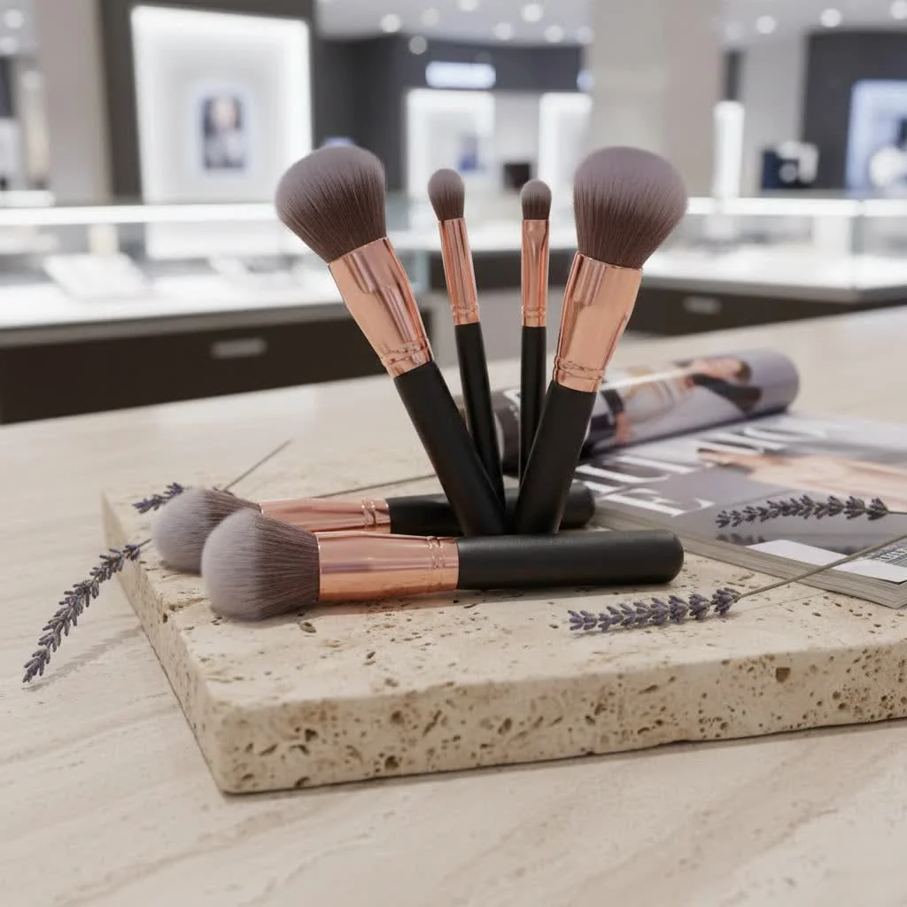 Assortment of affordable makeup brushes on a vanity