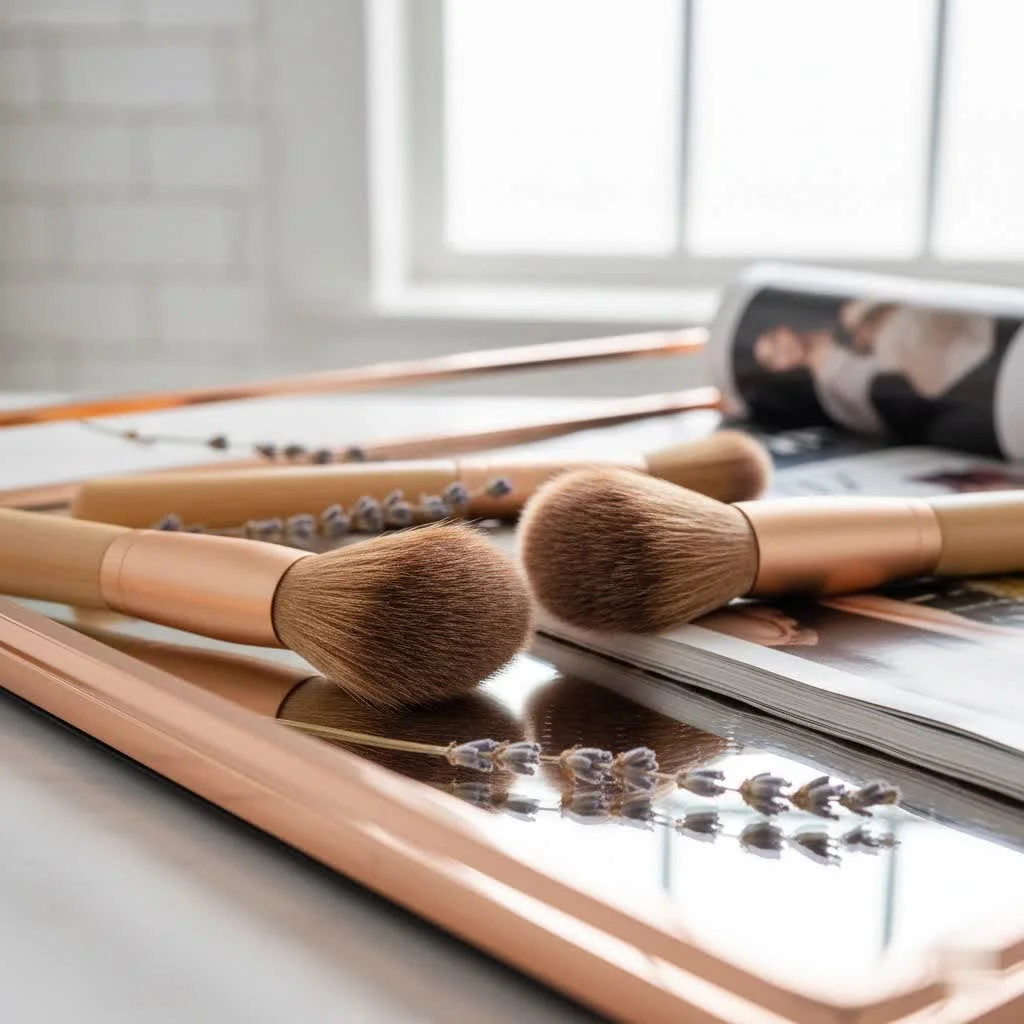 Close-up of natural hair makeup brushes with soft bristles