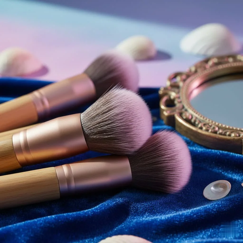Close-up of various soft makeup brushes with different shapes and sizes