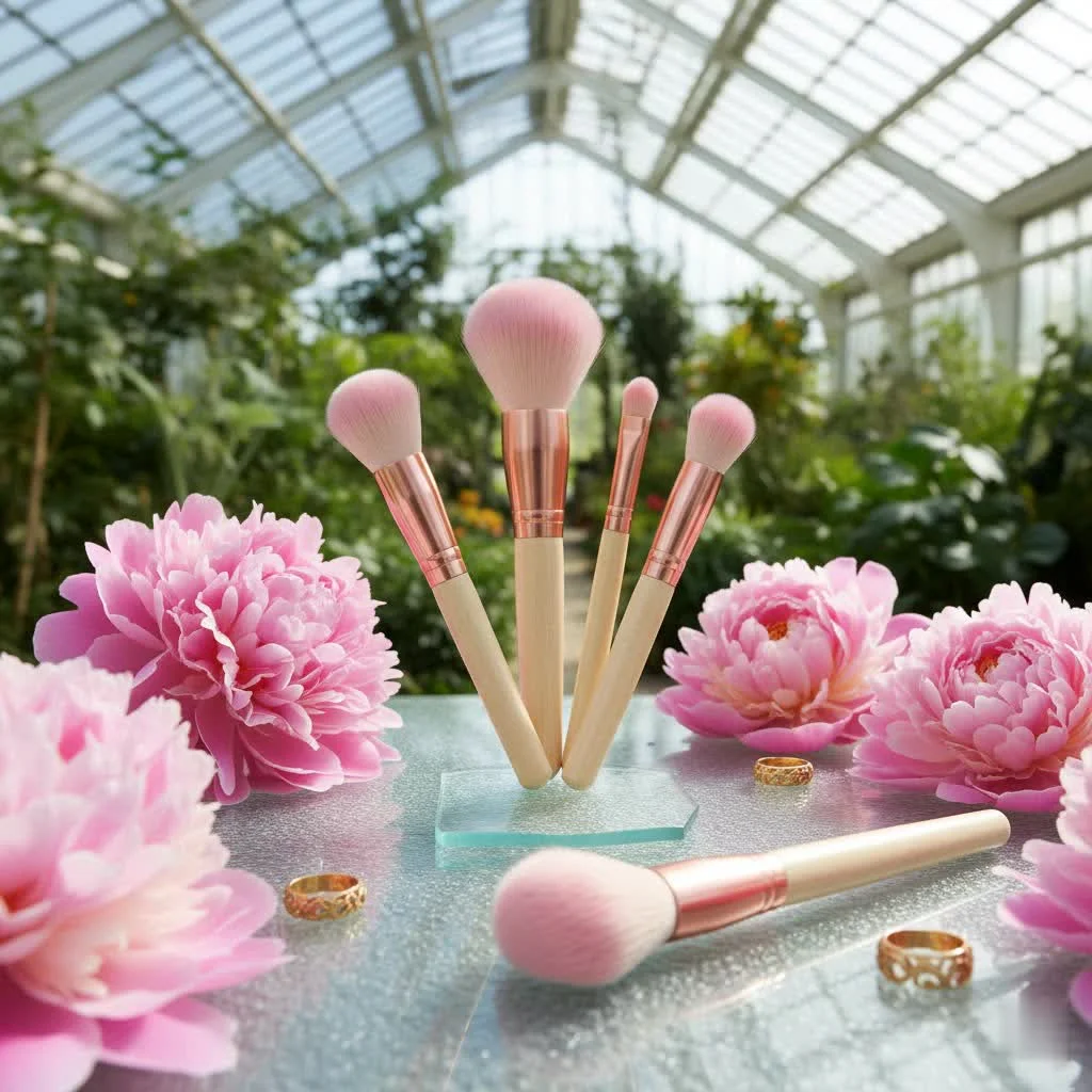 Assortment of makeup brushes on a vanity
