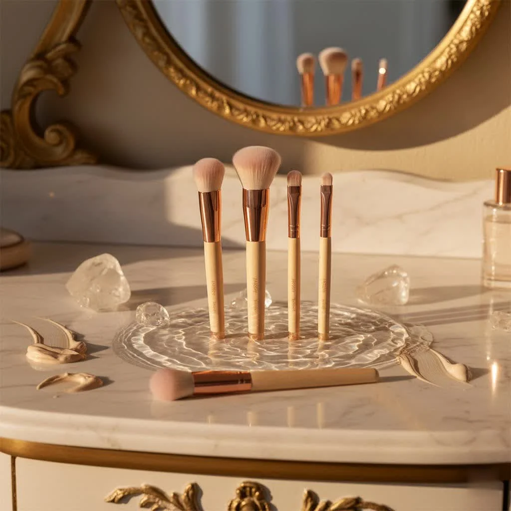 BK Beauty makeup brushes arranged neatly on a vanity
