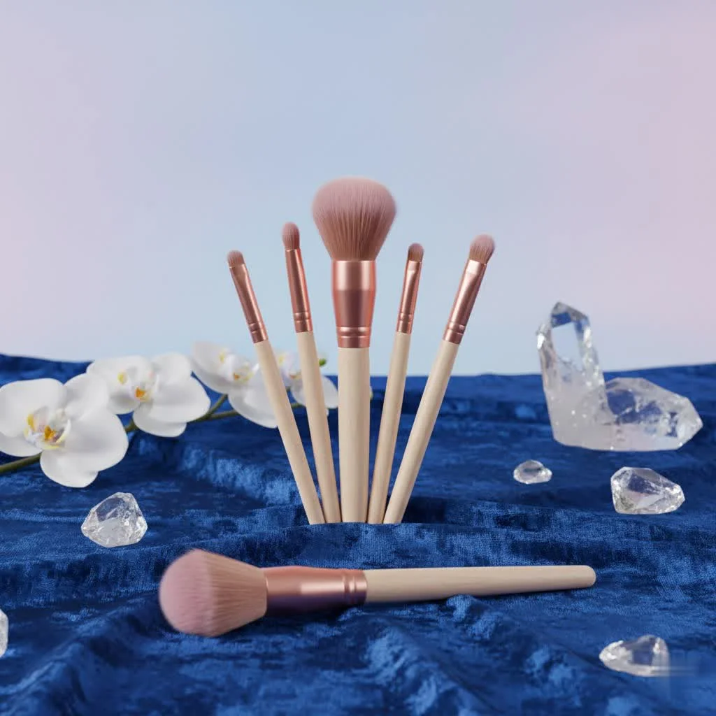 Close-up of various high-quality makeup brushes with soft bristles
