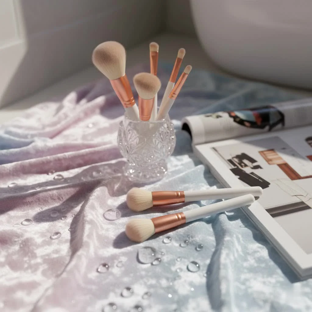 Assortment of affordable makeup brushes on a clean surface