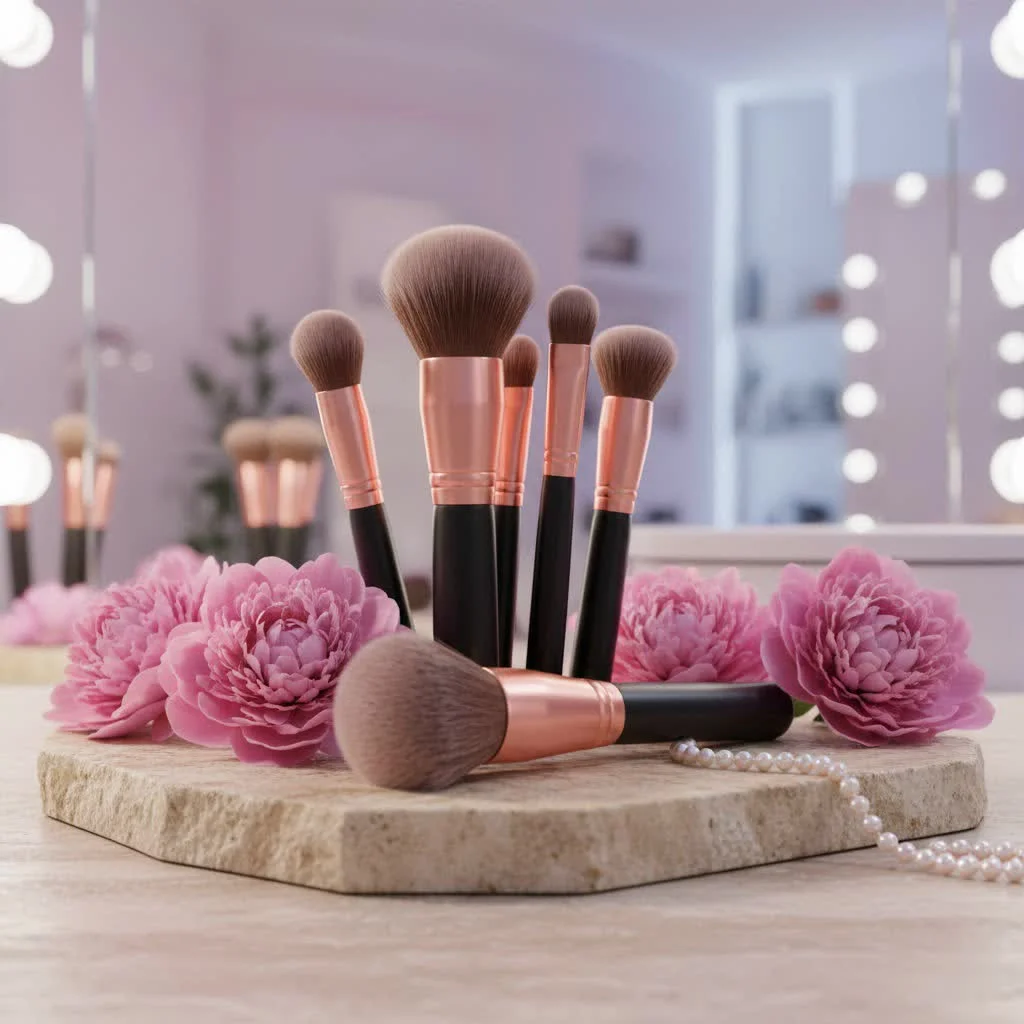 Assortment of vegan makeup brushes for ethical beauty