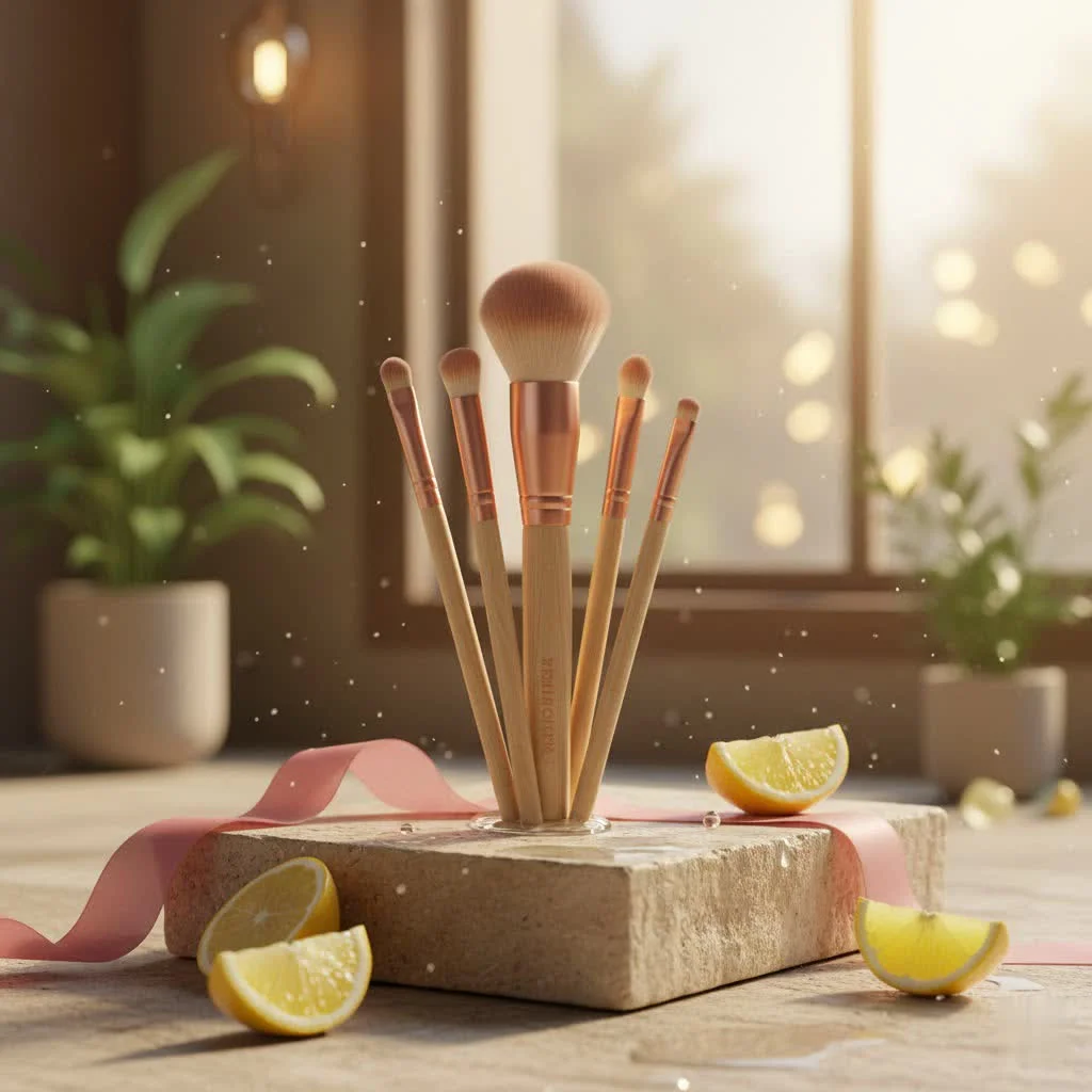 Hourglass makeup brushes displayed on a vanity