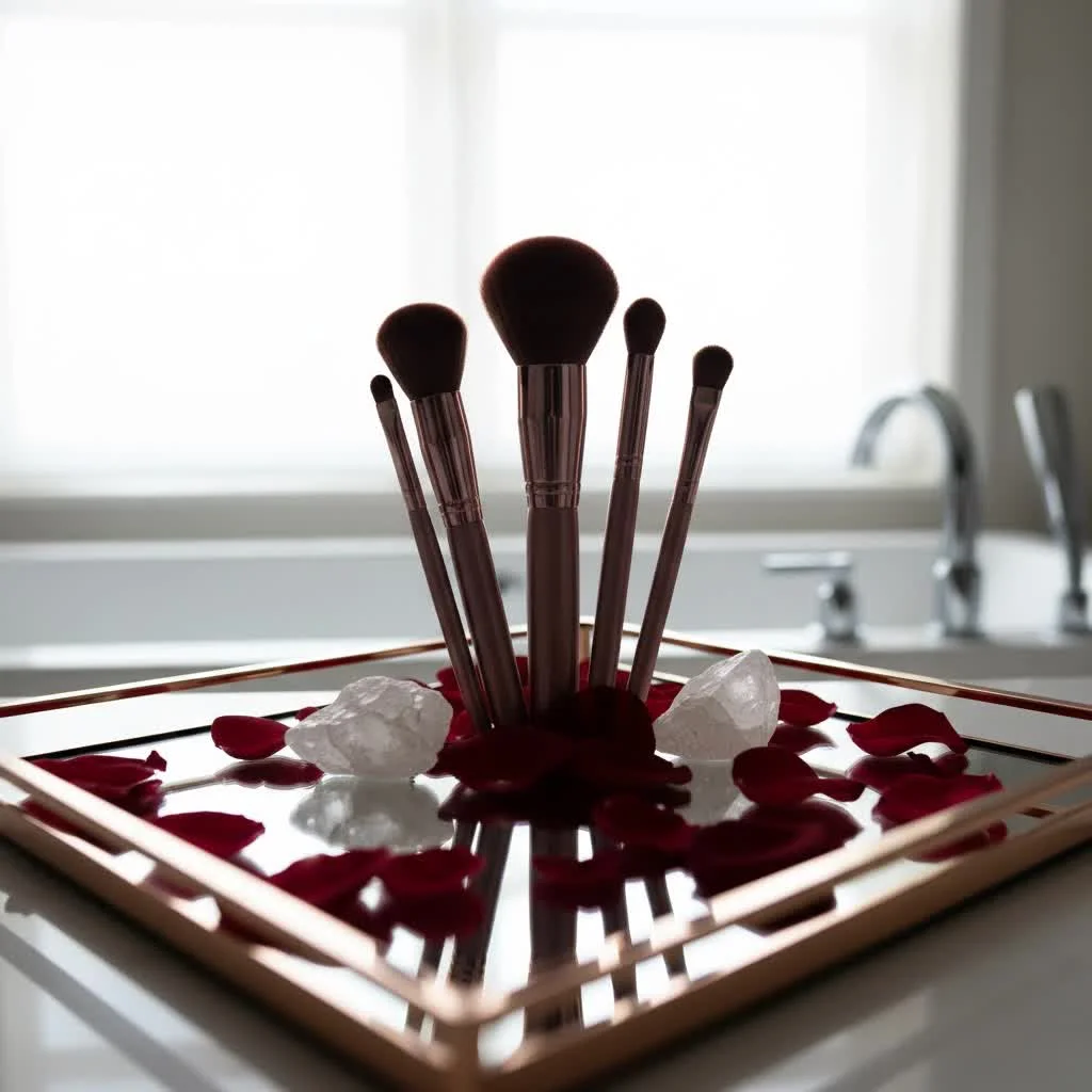 Assortment of eye makeup brushes on a white background