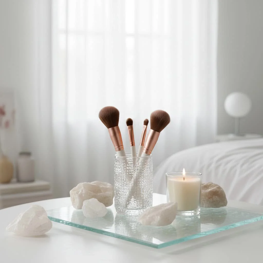 Tarte makeup brushes displayed on a vanity